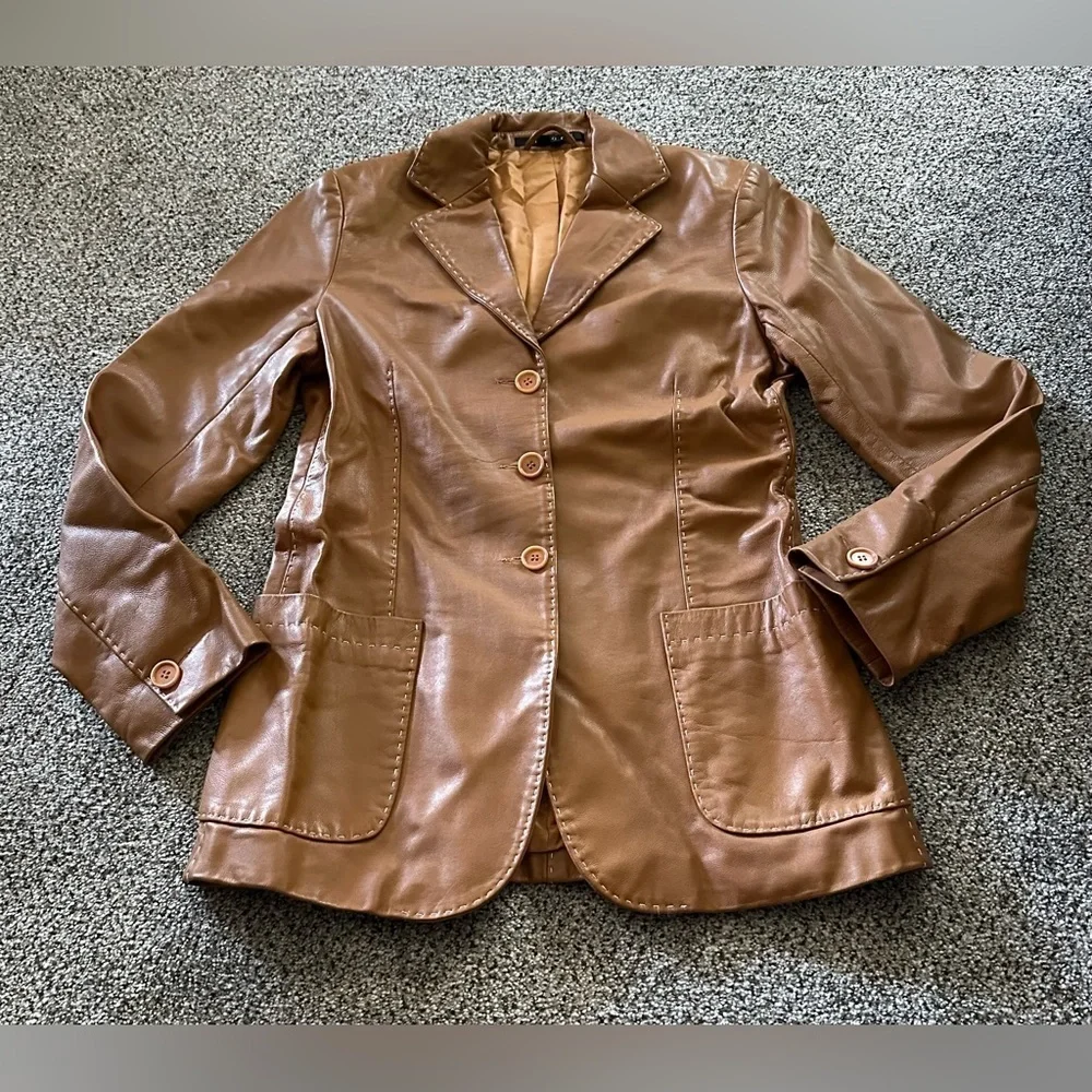 Theory Size M Medium Cognac Caramel Leather Jacket White Stitching R $995
